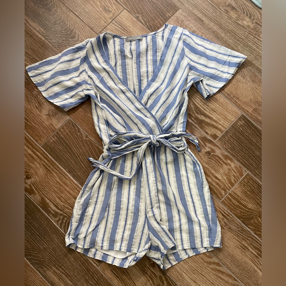 Blue strip linen blend romper